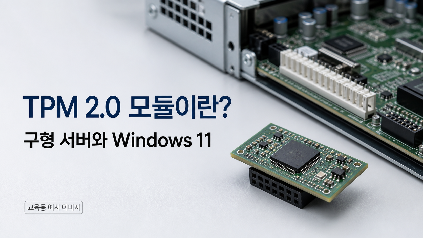 구형 서버 메인보드 옆에 놓인 소형 TPM 2.0 보안 모듈
