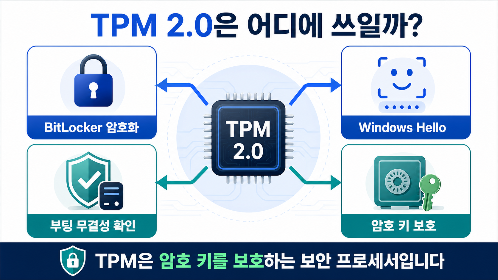 TPM 2.0이 BitLocker와 Windows Hello, 부팅 무결성 및 암호 키 보호에 쓰이는 구조