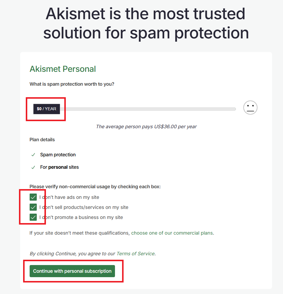 Akismet Personal 금액과 비상업 이용 조건 확인 화면
