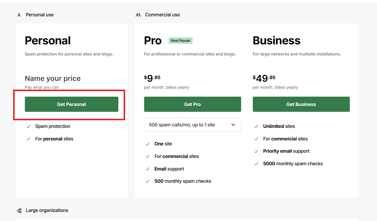 Akismet Personal Pro Business 요금제 비교 화면