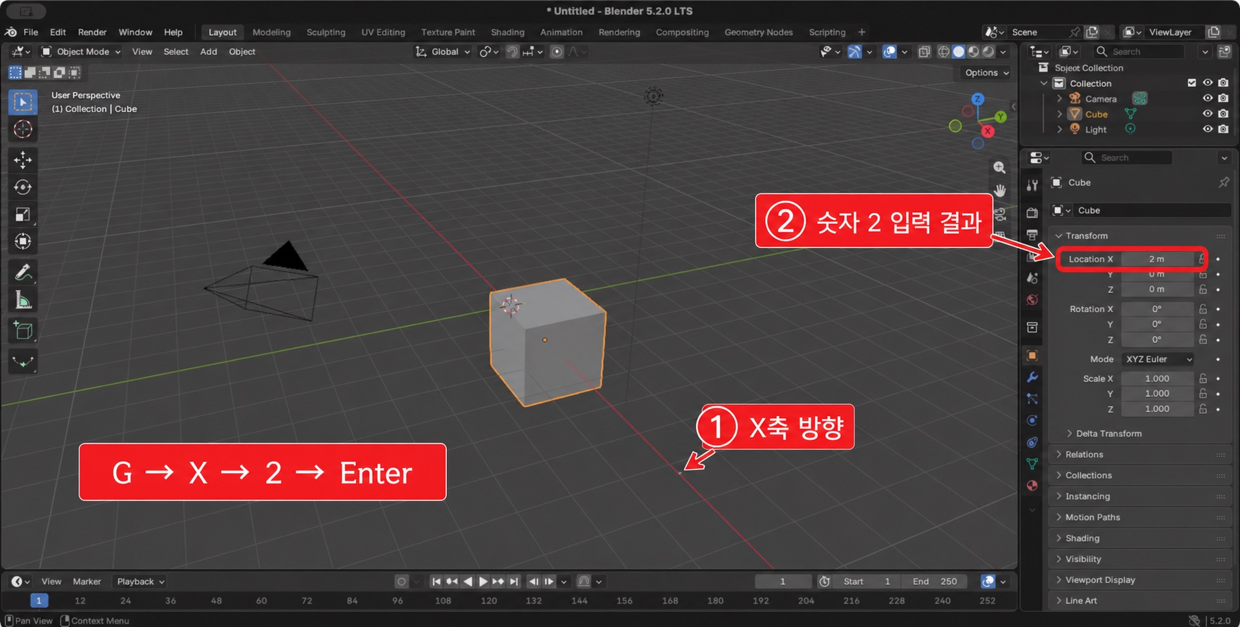 Blender G X 2 입력 순서와 X축 Location 결과 강조 안내