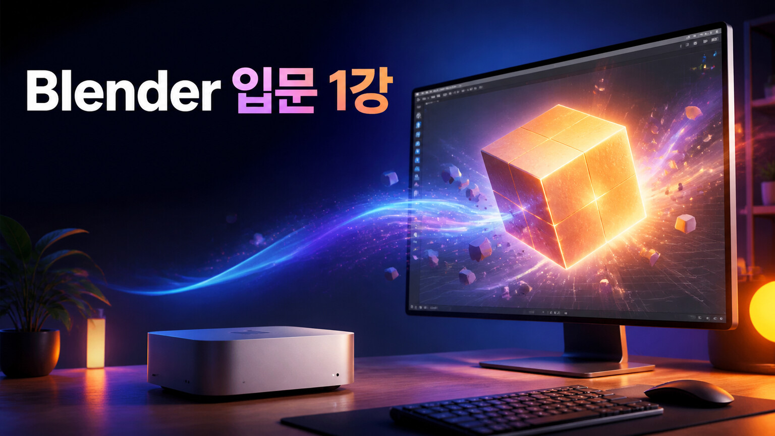 빛나는 기본 큐브와 맥미니 작업 공간을 표현한 Blender 입문 1강 대표 이미지