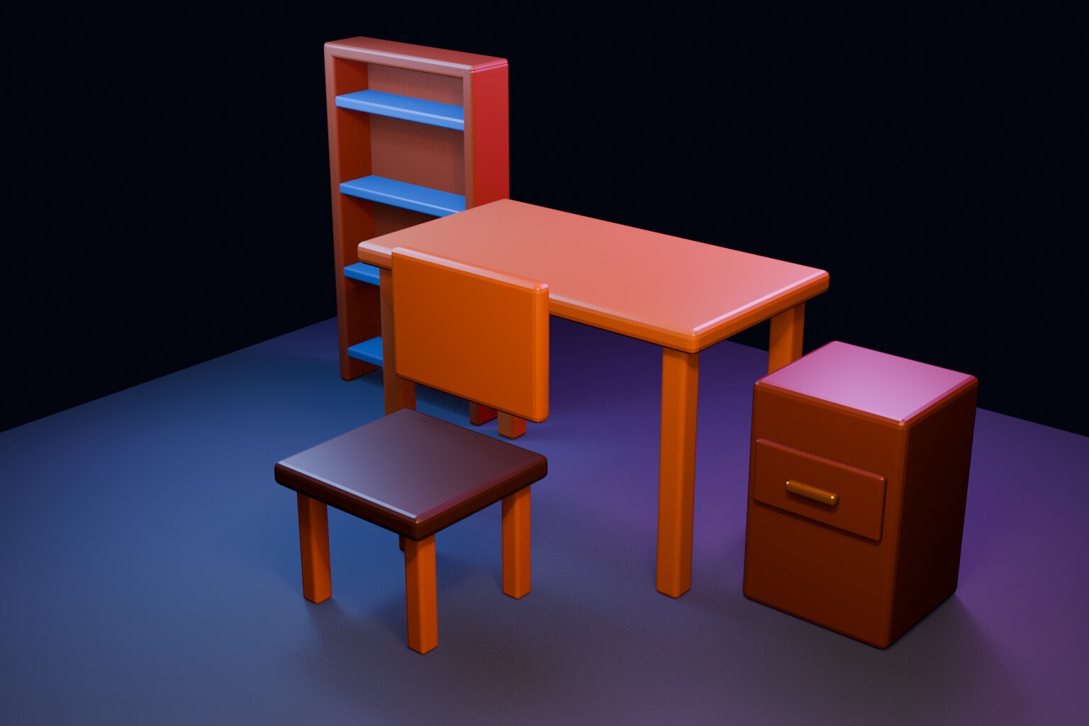 탁상 협탁 의자 책장을 함께 배치한 Blender 책상 세트 완성 렌더