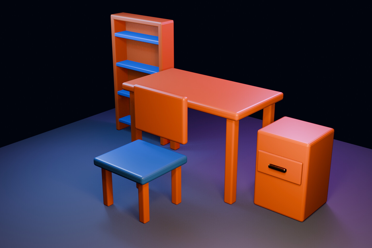 나무 황동 파란 플라스틱 재질을 적용한 Blender 책상 세트 최종 결과