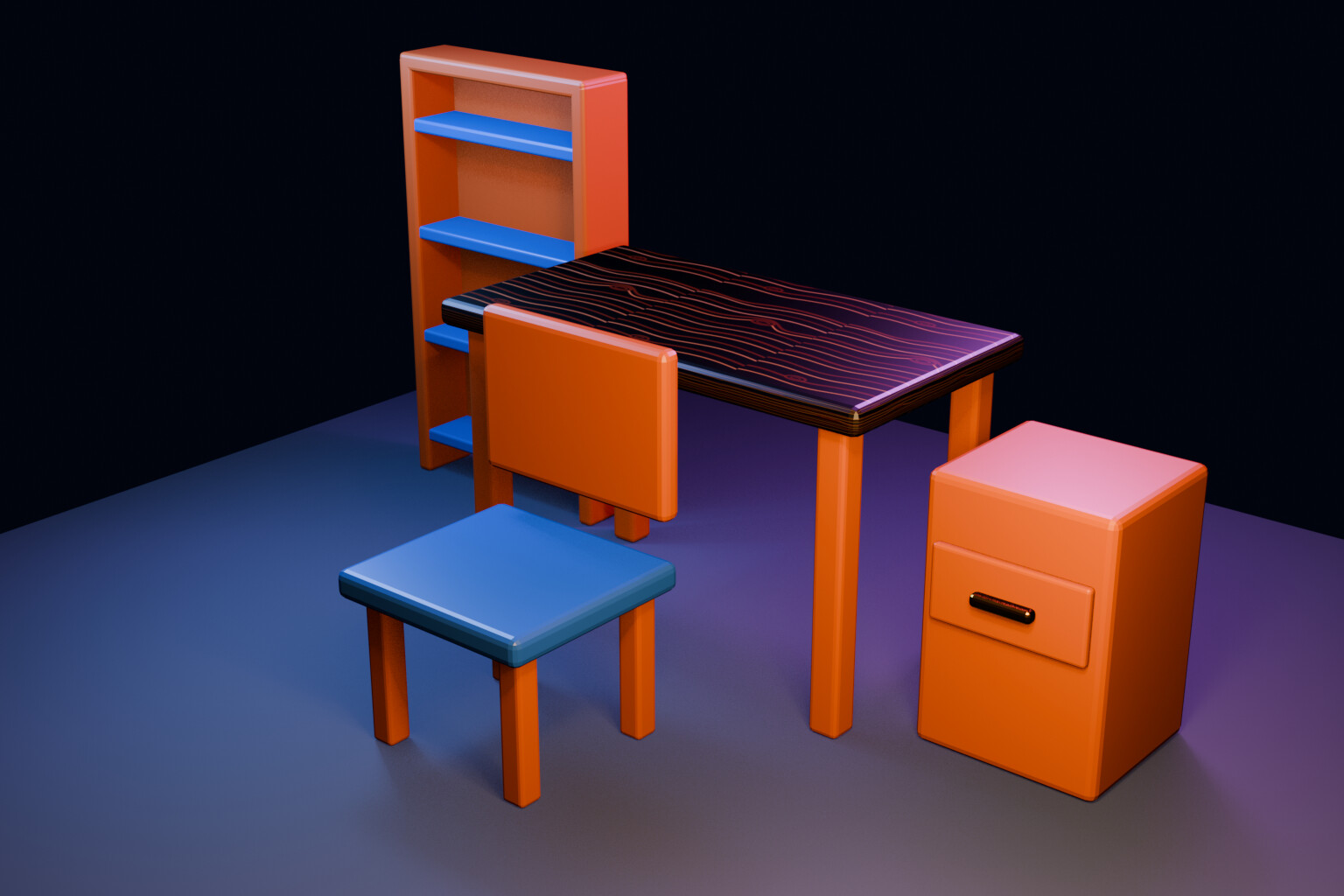 Blender 책상 상판에 나뭇결 이미지 텍스처를 적용한 최종 책상 세트