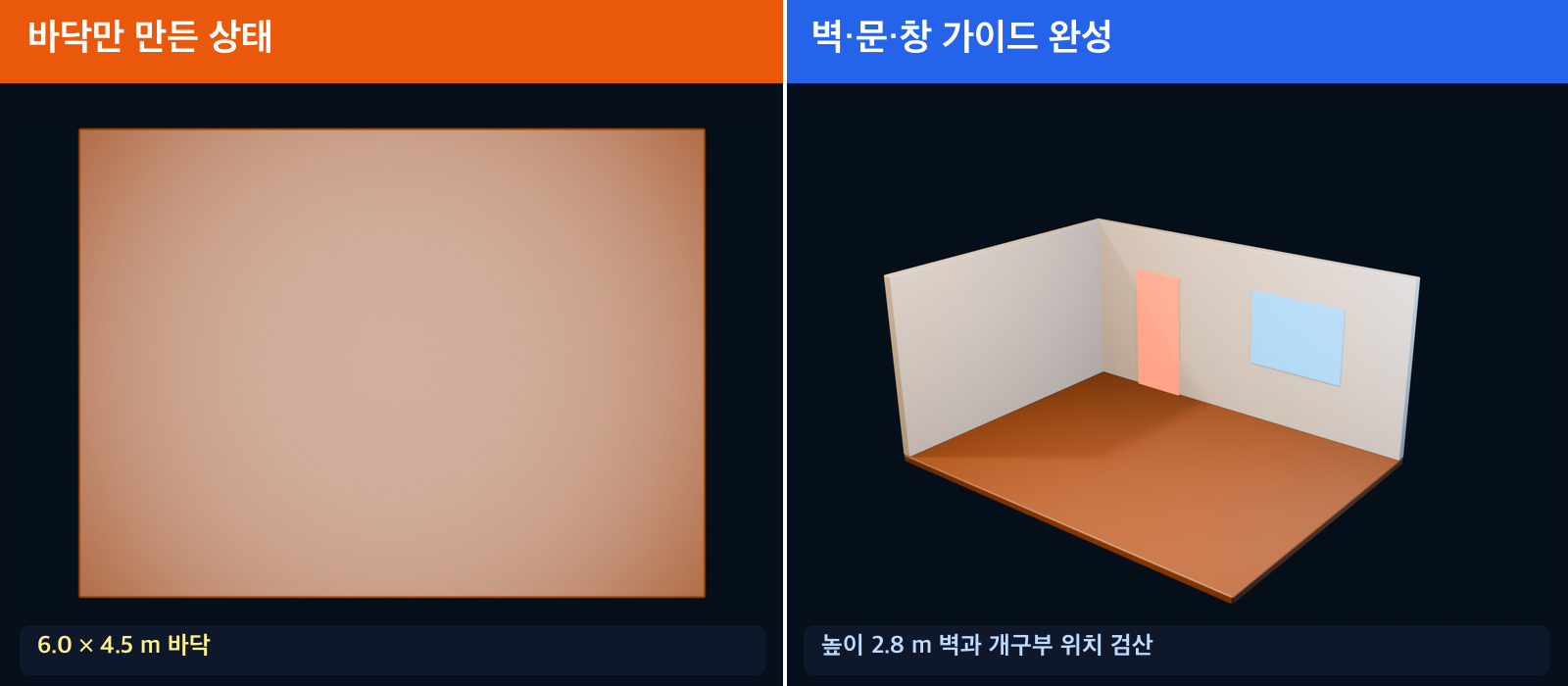 Blender 방 바닥만 만든 단계와 벽·문·창 가이드까지 완성한 단계 비교