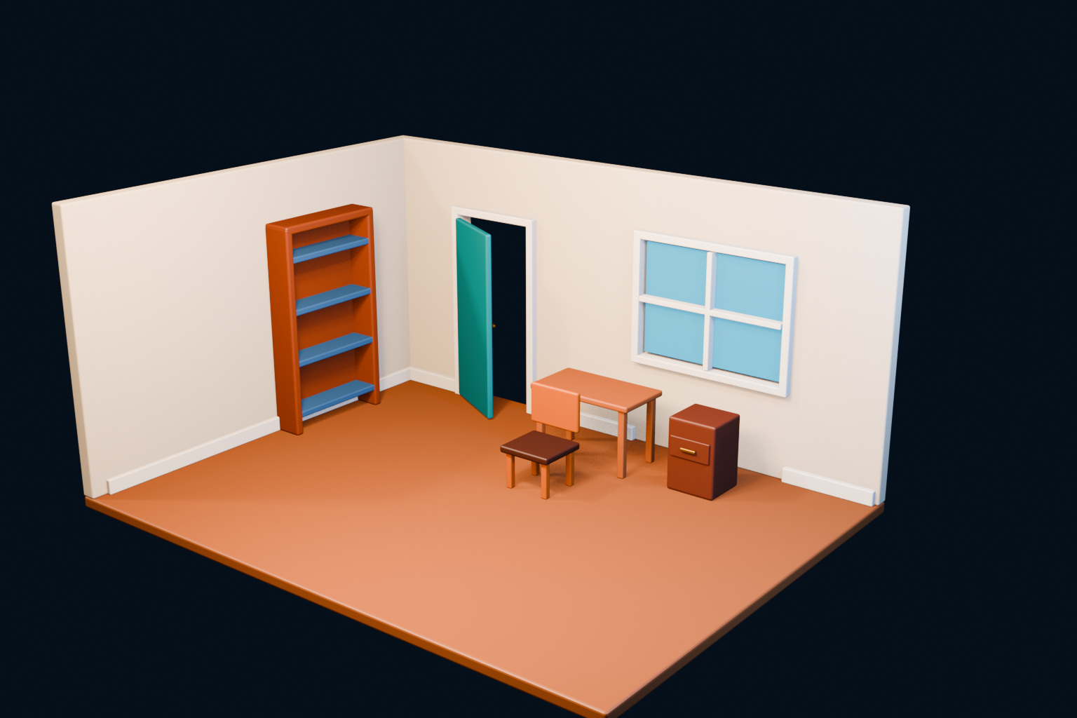 Blender 방에 책상 의자 협탁 책장을 배치한 19강 최종 결과