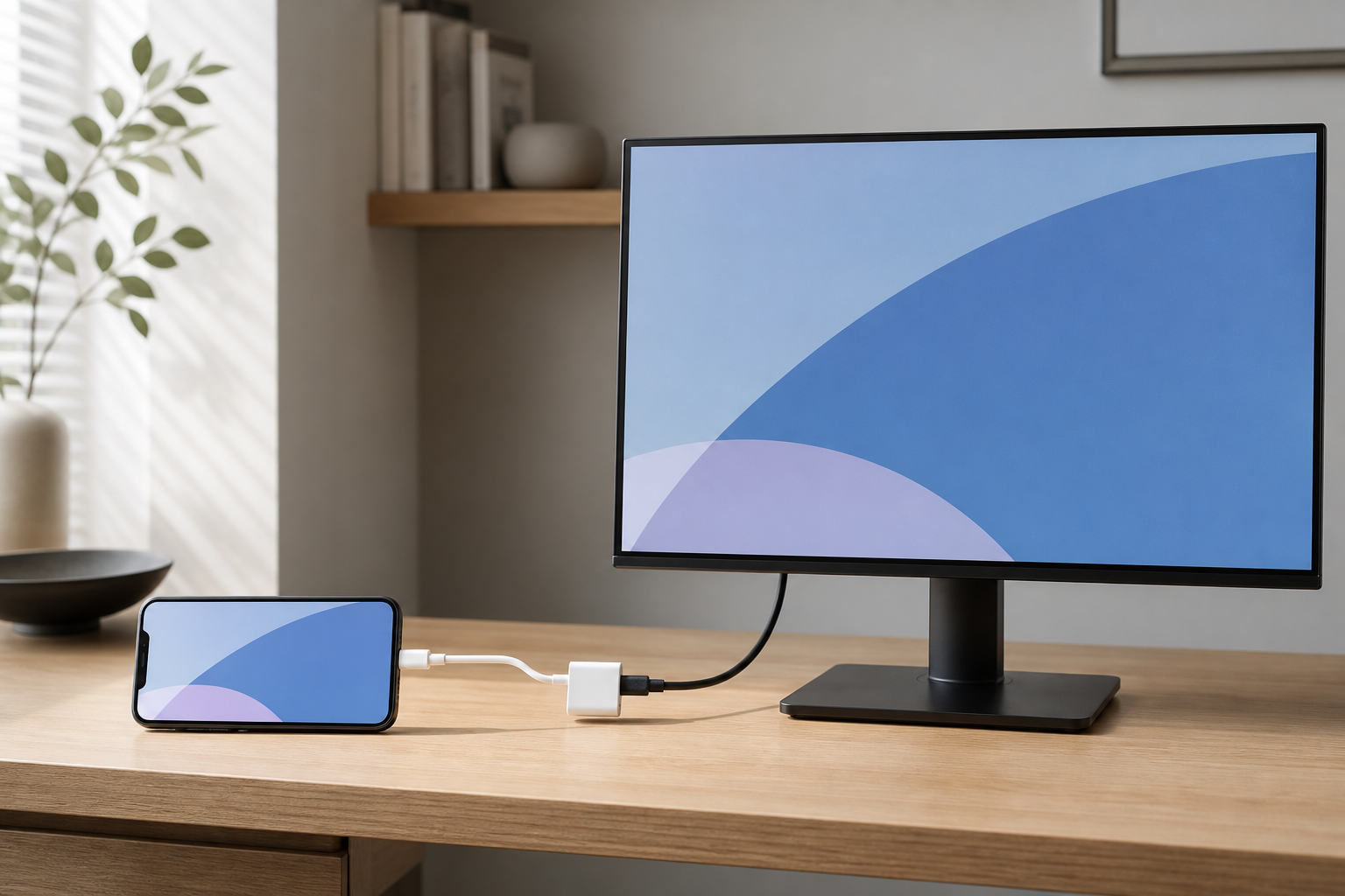 HDMI 어댑터로 외장 모니터에 같은 화면을 띄운 스마트폰