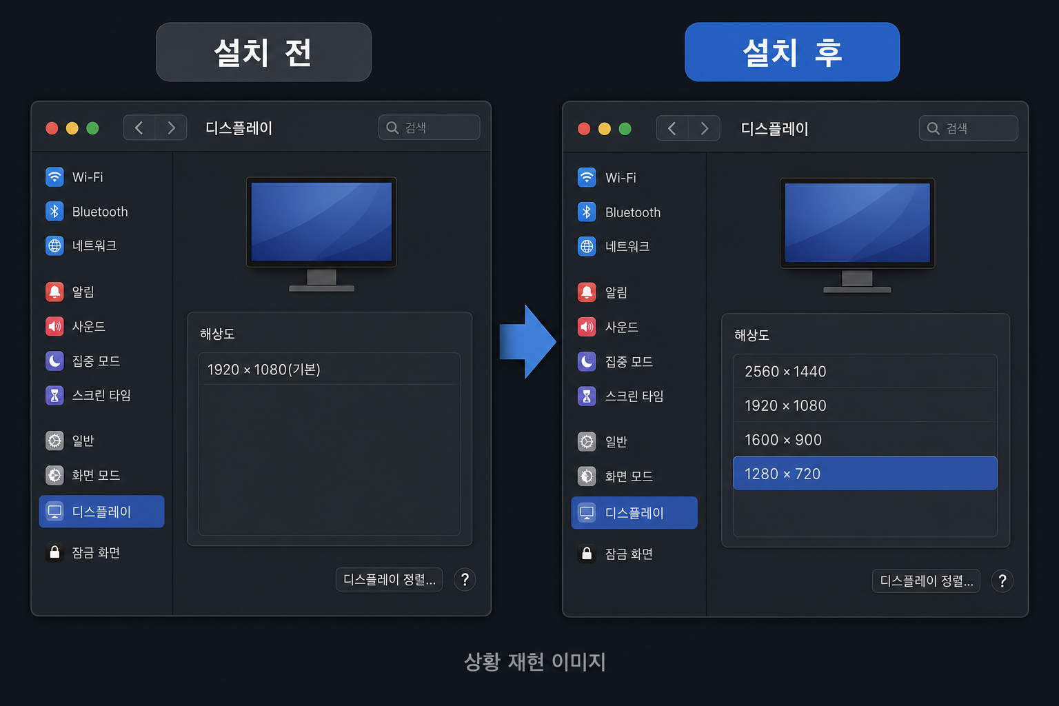 BetterDisplay 설치 전 1920×1080으로 고정된 맥 화면과 설치 후 여러 해상도가 생긴 화면 비교