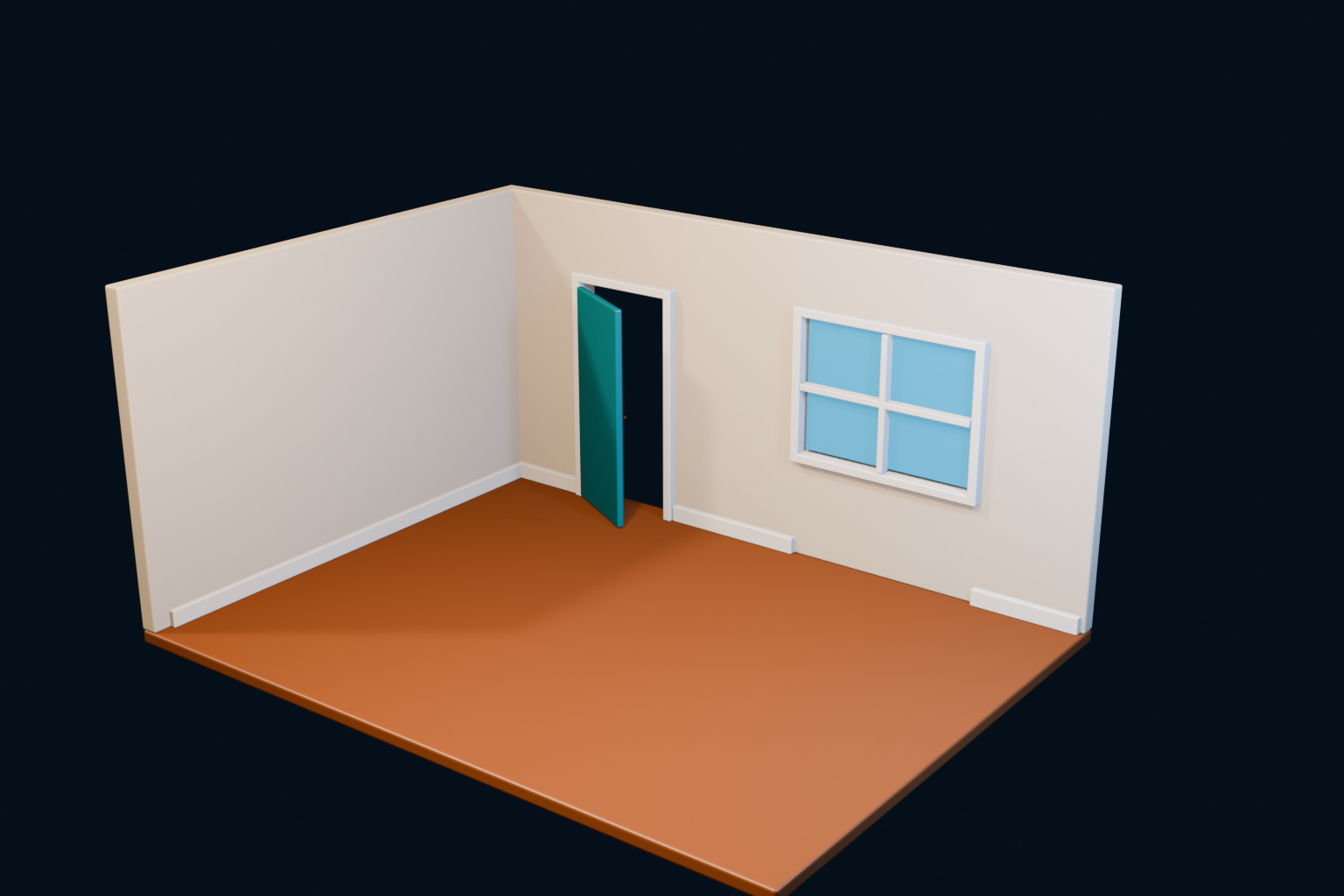 Blender Boolean으로 문과 창문을 뚫고 문짝 창틀 유리 걸레받이까지 완성한 방