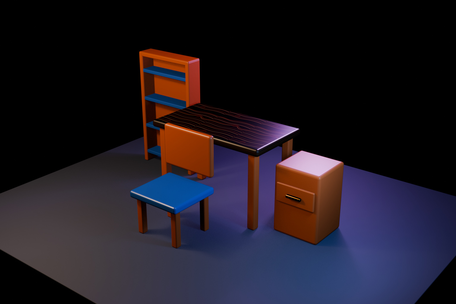 Key Fill Rim 3점 조명이 적용된 Blender 가구 장면 최종 렌더