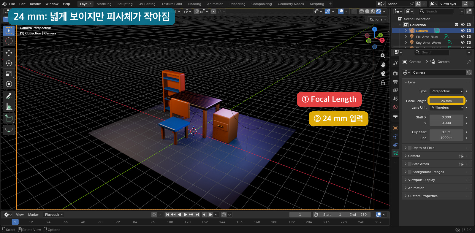 Blender Camera Focal Length 24mm 설정 화면