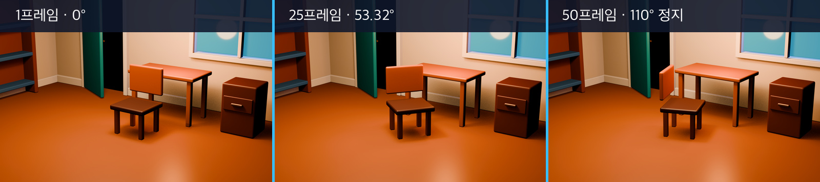 Blender 의자가 1프레임 0도 25프레임 53.32도 50프레임 110도로 회전하는 비교