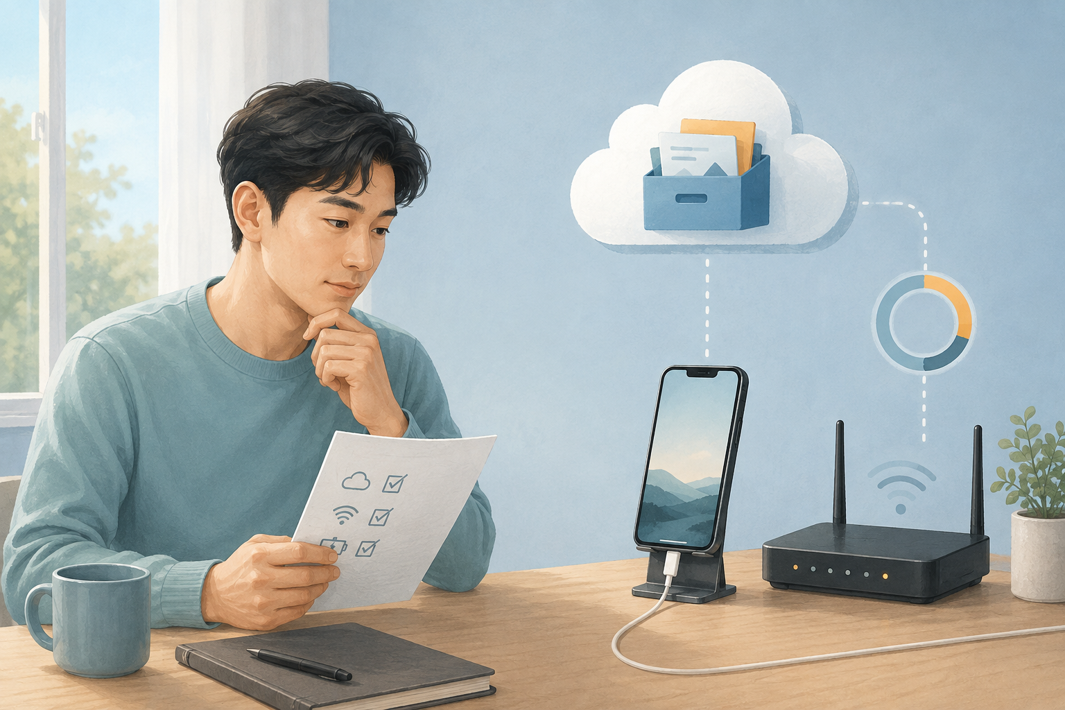 아이폰 iCloud 백업 문제를 확인하며 Wi-Fi와 전원 연결을 점검하는 모습