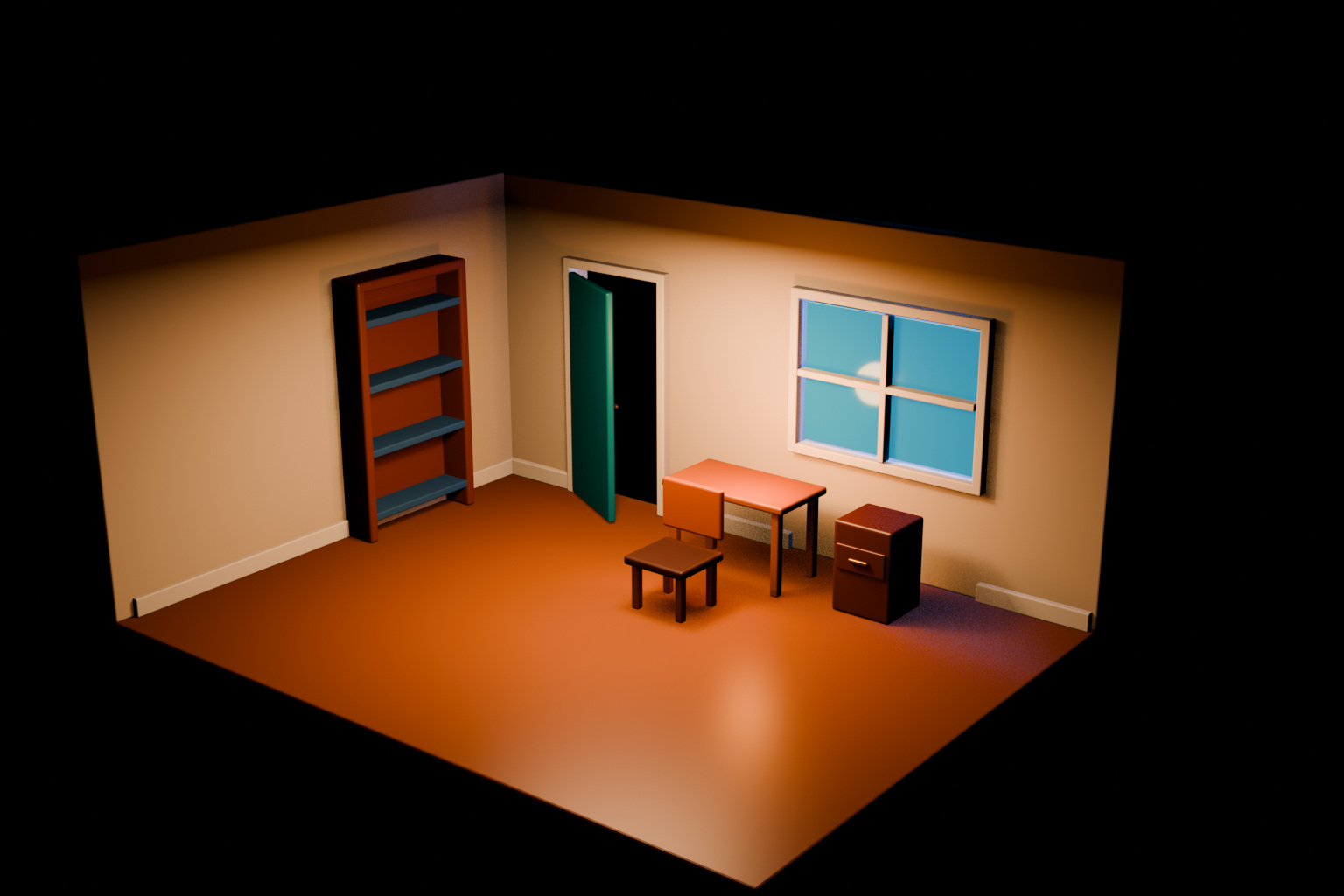 따뜻한 Area와 Point 조명으로 렌더링한 Blender 밤 방