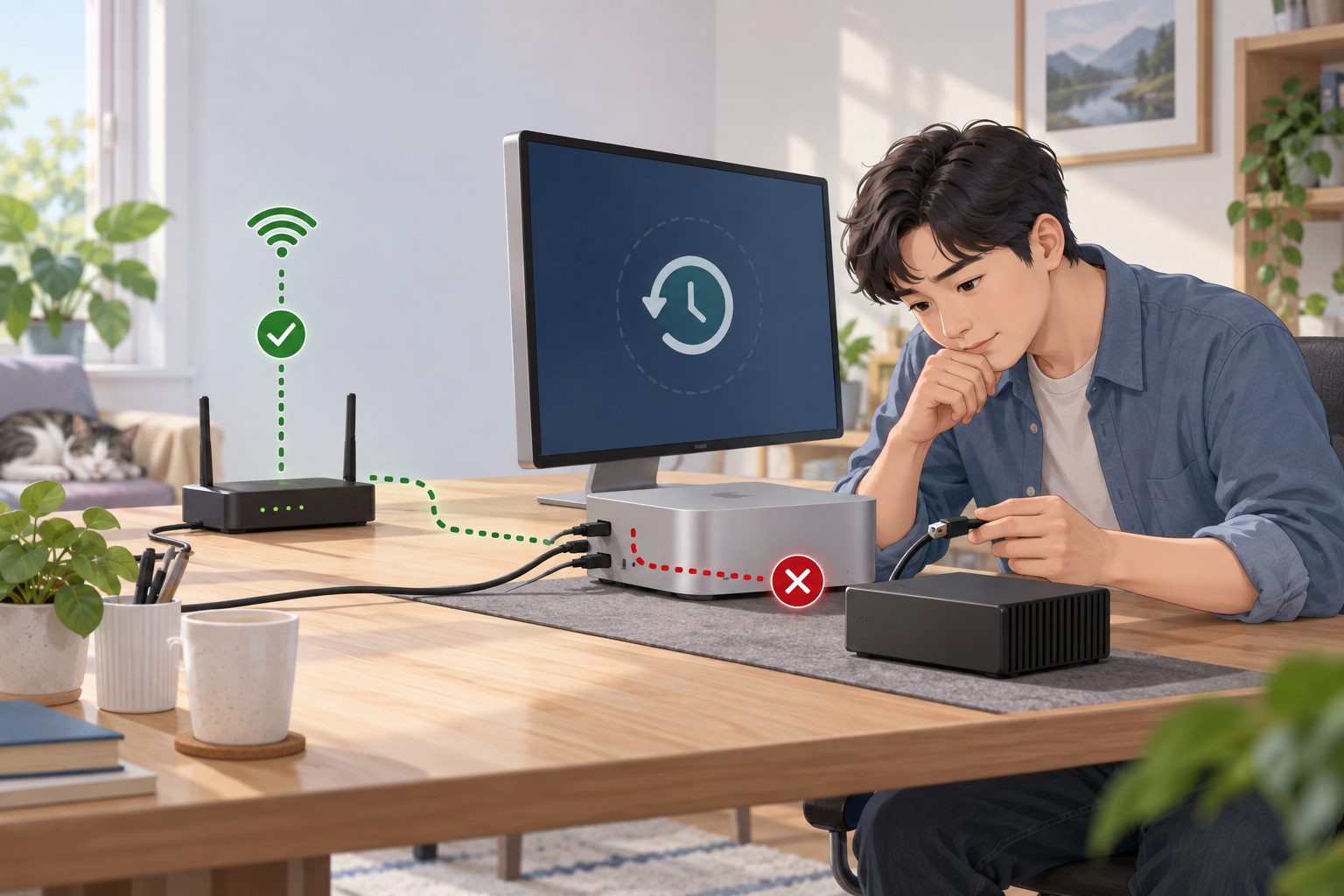 Mac 앞에서 외장 백업 디스크 케이블과 네트워크 연결 상태를 점검하는 사람