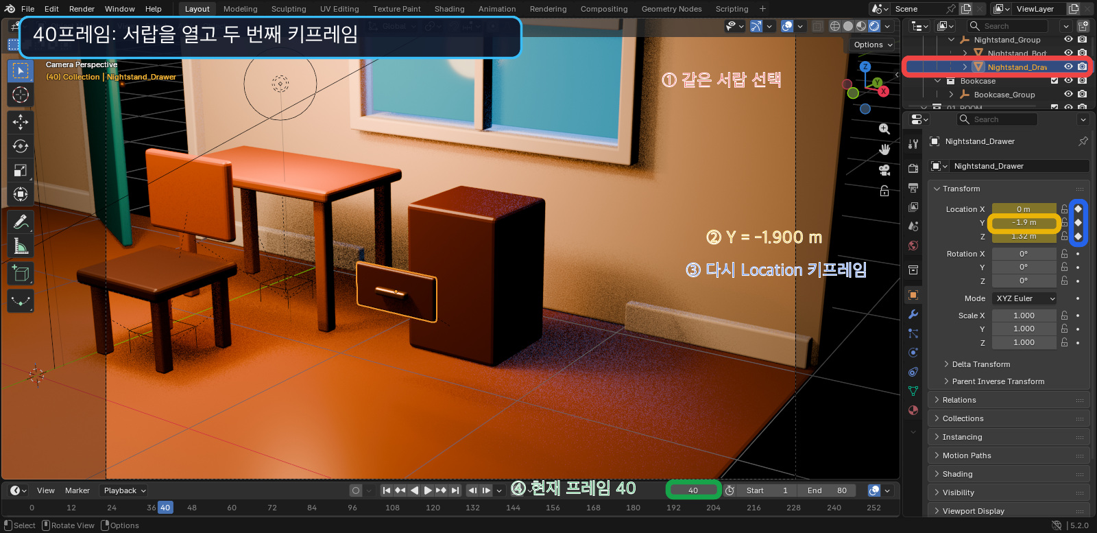 Blender 40프레임 서랍 Location Y -1.900과 키프레임 버튼을 강조한 화면