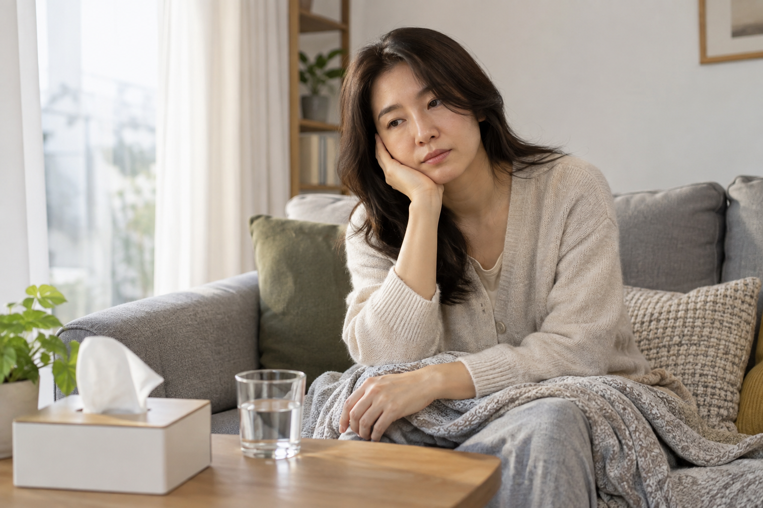 물컵과 휴지 상자가 놓인 탁자 옆 소파에서 쉬고 있는 성인 여성